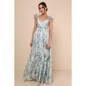 Lulus Soiree Perfection Light Blue Floral Ruffled Tiered Maxi Dress - Size L